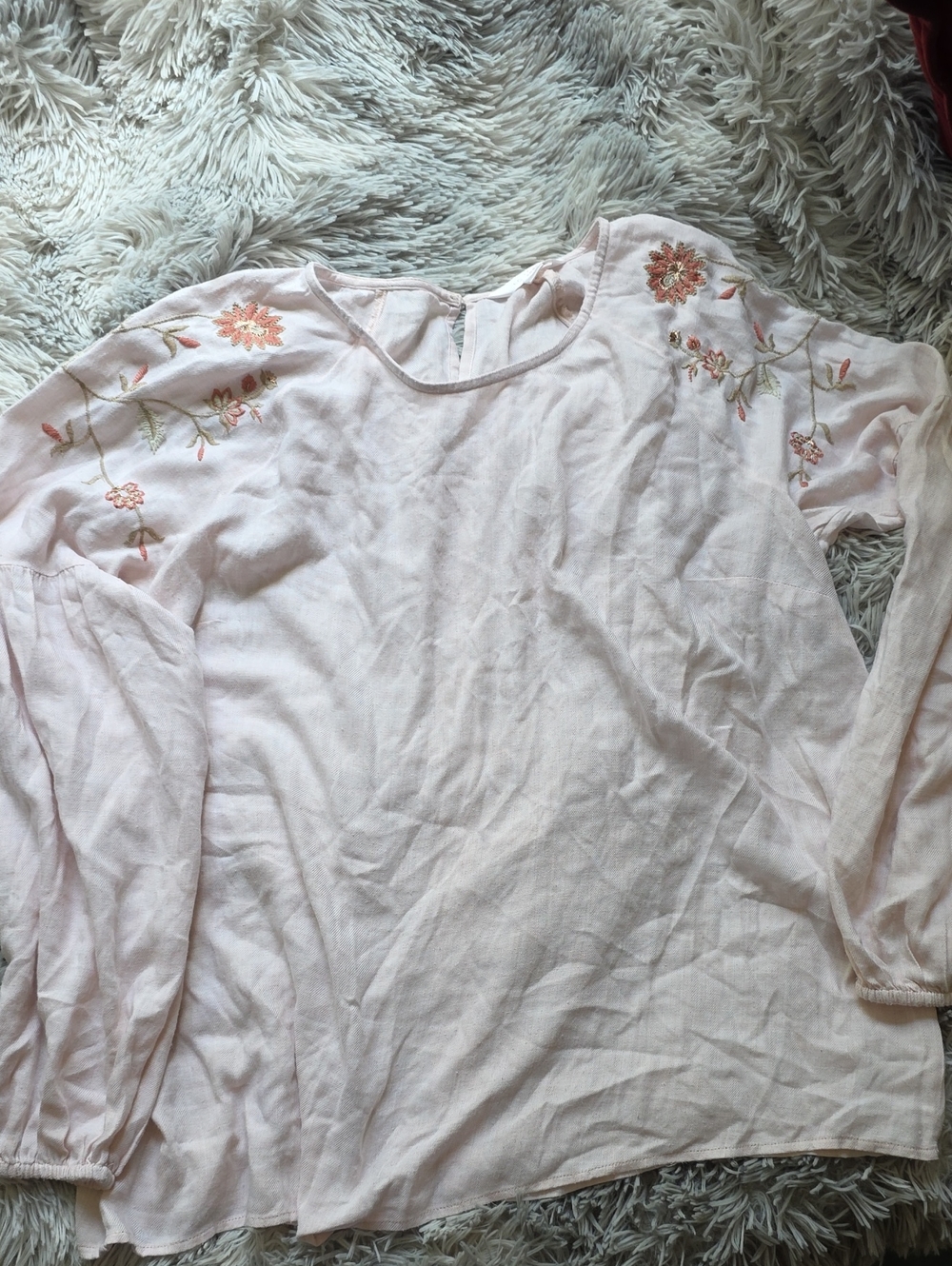 LC Lauren Conrad Light Pink Embroidered Floral Long-Sleeve Blouse